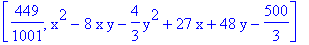 [449/1001, x^2-8*x*y-4/3*y^2+27*x+48*y-500/3]